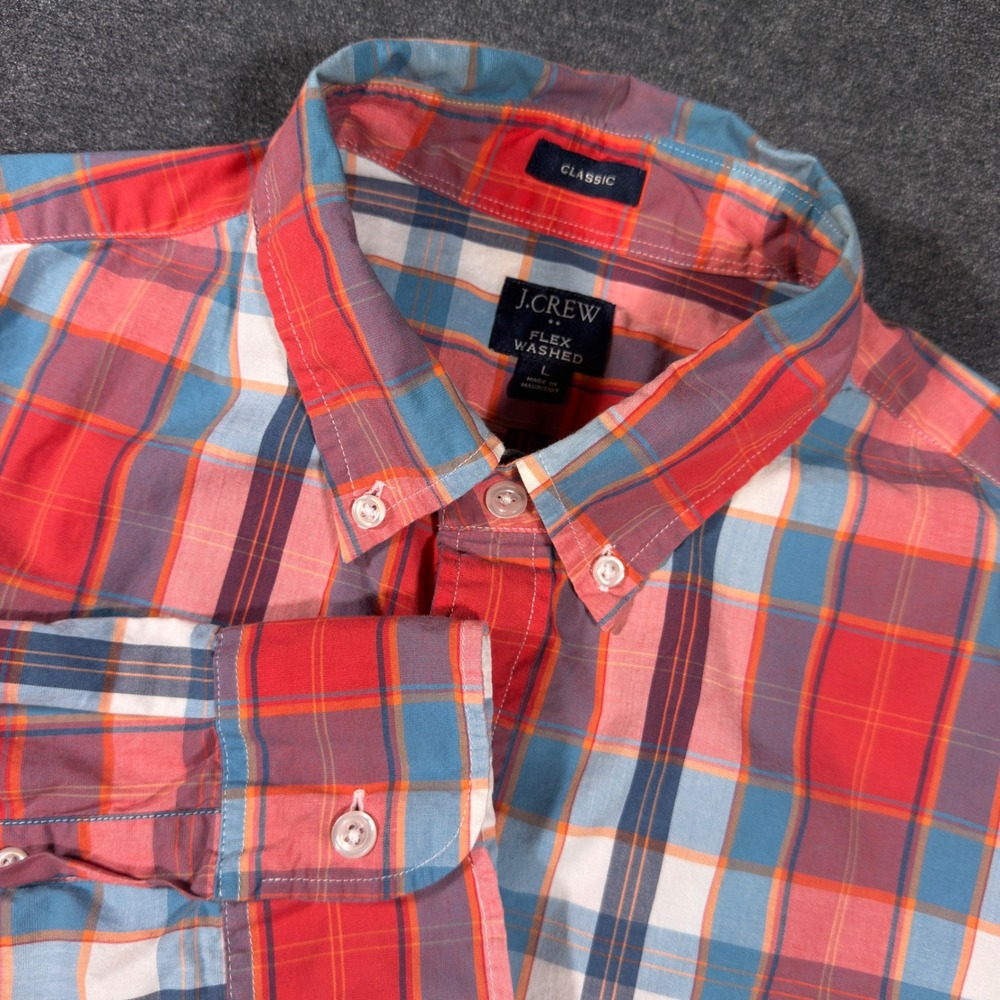 J.Crew Button Down Shirt Mens L Red Blue Plaid Flex Washed Classic Fit Cotton